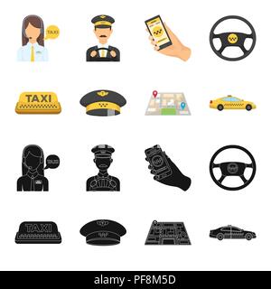 Gelbes taxi Inschrift, eine Kappe mit einem Taxi Abzeichen, eine Karte mit einer Markierung, ein Auto mit Checkers. Taxi set Sammlung Icons in Schwarz, Cartoon Stil Vektor symb Stock Vektor