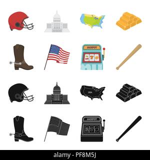 Cowboystiefel, Nationalflagge, slot machine, Baseball Bat. USA Land Sammlung Icons in Schwarz, Cartoon Stil vektor Symbol lieferbar Abbildung. Stock Vektor