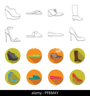 Blaue Sandaletten, hausgemachte lila Hausschuhe mit einem pampon, rosa Frauen Ballerinas, braun Schuhe mit hohen Absätzen. Shoes collection Symbole in outli Stock Vektor
