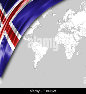 Flagge Island mit einem Platz für Ihren Text, im Hintergrund eine Weltkarte. Stockfoto