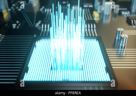 3D-Abbildung Platine. Technologie Hintergrund. Zentralen Computer Prozessoren CPU-Konzept. Motherboard digital Chip. Tech Wissenschaft EDA-Hintergrund. Integrierte Kommunikation Prozessor, CPU-Informationen Stockfoto