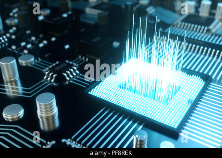 3D-Illustration computer Chips, einem Prozessor auf einer Platine. Das Konzept der Datenübertragung in die Cloud. Zentraler Prozessor in Form von künstlicher Intelligenz. Datenübertragung Stockfoto