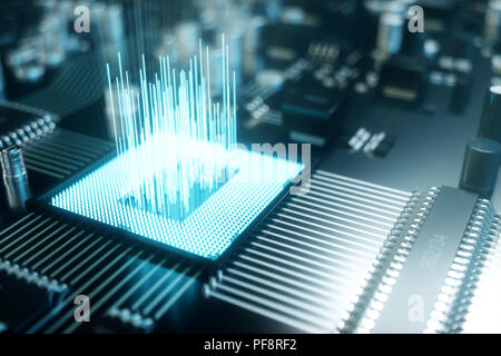 3D-Illustration computer Chips, einem Prozessor auf einer Platine. Das Konzept der Datenübertragung in die Cloud. Zentraler Prozessor in Form von künstlicher Intelligenz. Datenübertragung Stockfoto