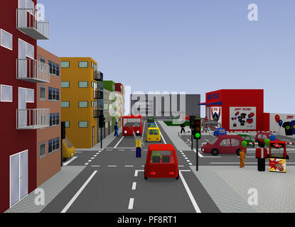 Blick auf die Stadt mit Verkehr Situation: Verkehr Verordnung durch einen Polizisten. 3D-Rendering Stockfoto