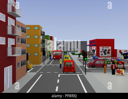 Blick auf die Stadt mit Verkehr Situation: Verkehr Verordnung durch einen Polizisten. 3D-Rendering Stockfoto