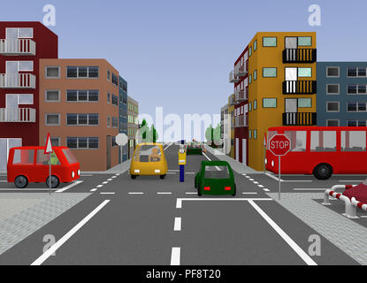 Blick auf die Stadt mit Verkehr Situation: Traffic Control von einem Polizisten, freie Fahrt. 3D-Rendering Stockfoto