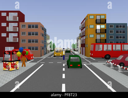 Blick auf die Stadt mit Verkehr Situation: Traffic Control von einem Polizisten, freie Fahrt. 3D-Rendering Stockfoto