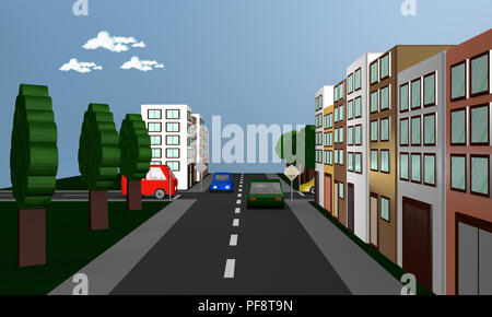 Street Scene mit Autos, Häuser und folgen Sie der Straße Richtung Straße. 3D-Rendering Stockfoto