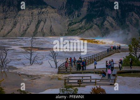 YELLOWSTONE, Montana, USA Mai 24, 2018: Vor der nicht identifizierten Touristen zu Fuß in den horiznot über eine Promenade in Mammoth Hot Springs, Yellowstone National Park Stockfoto