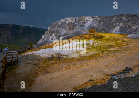 Seitwärts des Kanarischen Frühling und Terrassen in den Mammoth Hot Spring Bereich der Yellowstone National Park Stockfoto