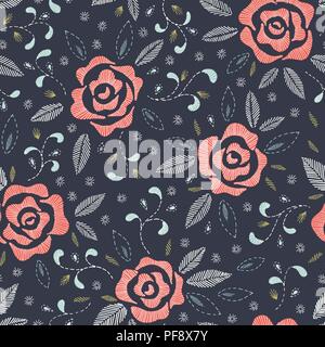 Hand gezeichnet Rosen, imitiert Stickerei Stiche, auf Dunkelblauem Blumenmuster Vektor nahtlose Muster. Feminine Folk Blumen Hintergrund. Ideal für Hochzeit Stock Vektor