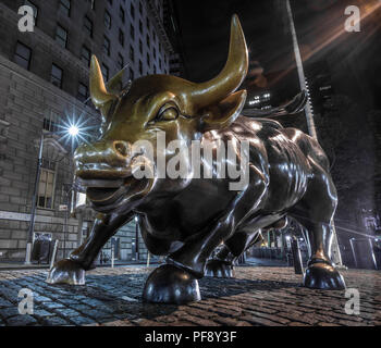 Lächelnd, Wagen, schwindlig sagen, Wall Street Bull in Downtown Manhattan, New York City Stockfoto