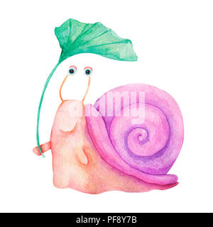 Aquarell handgezeichnete Illustrationen. Cute Charakter lächelnd bunte Schnecke isoliert Malerei auf weißem Hintergrund. Für Kids Fashion, lustige Cartoon Stil Stockfoto