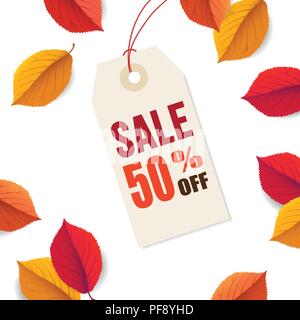 Herbst Sale 50 aus, tag Vorlage. Leuchtend bunte Blätter fallen auf weißem Hintergrund. Poster, Karten, Aufkleber, Web Banner. Saisonale Danksagung Stock Vektor