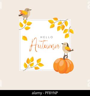 Herbst, Herbst Grußkarte, Einladung, mit Vögeln, bunte goldene Blätter und Kürbis. Thanksgiving Konzept. Cute Vector Illustration Hintergrund. Flach Stock Vektor