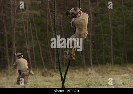 BOURNE, Mass - Soldaten aus dem 20 Special Forces Group, Massachusetts National Guard Praxis schnell Abseilen aus einem UH-60 Black Hawk aus der dritten Bataillon 126 Aviation Regiment, Hier Juni 7, 2018. Mitglieder aus den beiden Einheiten in der kombinierten Waffen ausüben, wobei hier statt. Als Patriot Tiegel, die gemeinsame Veranstaltung soll Einheiten auf ihre Mission wichtige Aufgaben in einem immersiven und dynamisches Training Umgebung zu evaluieren. Stockfoto