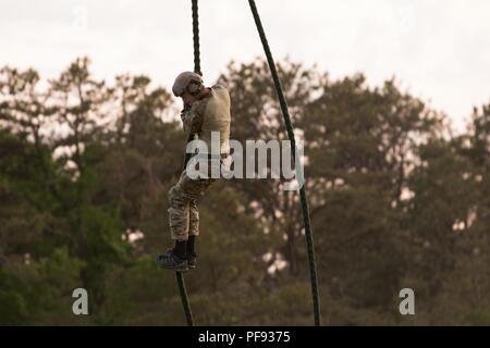 BOURNE, Mass - Soldaten aus dem 20 Special Forces Group, Massachusetts National Guard Praxis schnell Abseilen aus einem UH-60 Black Hawk aus der dritten Bataillon 126 Aviation Regiment, Hier Juni 7, 2018. Mitglieder aus den beiden Einheiten in der kombinierten Waffen ausüben, wobei hier statt. Als Patriot Tiegel, die gemeinsame Veranstaltung soll Einheiten auf ihre Mission wichtige Aufgaben in einem immersiven und dynamisches Training Umgebung zu evaluieren. Stockfoto