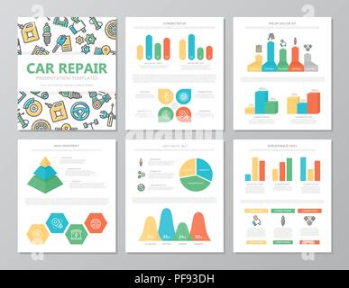 Satz farbiger Auto Service und Auto Reparatur Elemente für die Universalzuführung ein 4 Präsentation Vorlage Folien mit Grafiken und Diagrammen. Broschüre, Geschäftsbericht, Marketing, Werbung, Buch für Design. Stock Vektor