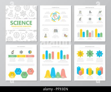 Satz farbiger Wissenschaft und Forschung Elemente für die Universalzuführung ein 4 Präsentation Vorlage Folien mit Grafiken und Diagrammen. Broschüre, Geschäftsbericht, Marketing, Werbung, Buch für Design. Stock Vektor