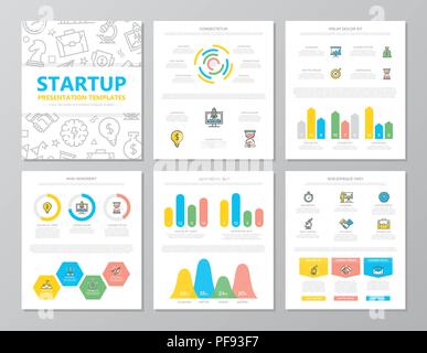 Satz farbiger Startup und geschäftliche Elemente für die Universalzuführung ein 4 Präsentation Vorlage Folien mit Grafiken und Diagrammen. Broschüre, Geschäftsbericht, Marketing, Werbung, Buch für Design. Stock Vektor