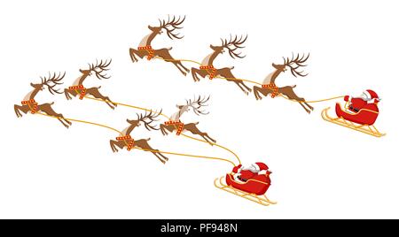 Für das neue Jahr. Weihnachten. Eingestellt. Santa Claus auf einem Schlitten mit vier und drei Hirsche. Abbildung in Farbe. Stock Vektor