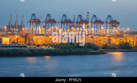 Beleuchtete Container Terminal mit Cargo Cranes auf der Elbe, Dämmerung, Hamburger Hafen, Hamburg, Deutschland Stockfoto