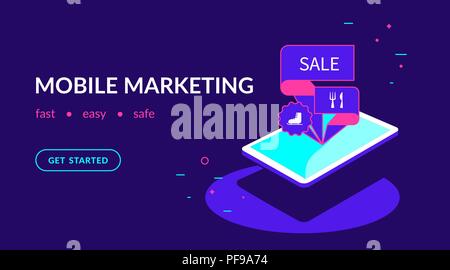 Mobile Marketing, bieten die Personalisierung und Förderung. Flache Vektor neon website Vorlage und landing page Design von isomenric digital Tablet mit Markt Stock Vektor