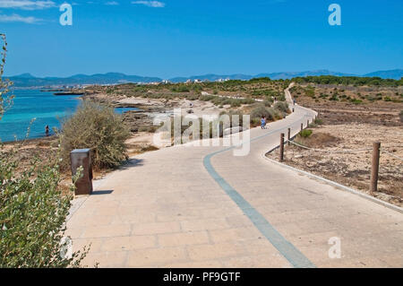 Radweg über Küstenlandschaft mit azurblauem Wasser an einem sonnigen Sommertag auf Mallorca, Spanien. Stockfoto