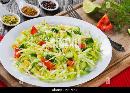 Gesunde niedrige Kalorien Feder Kohl Salat mit Paprika, Mais und Dill, close-up Stockfoto