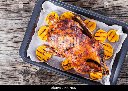 Gebratene ganze Ente in Honig Senf Soja Glasur mit Orangen, close-up Stockfoto