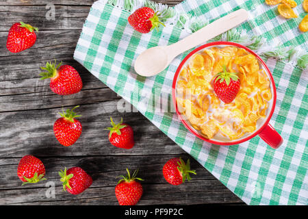 Cornflakes mit Milch und Erdbeeren in einem roten Schale, Ansicht von oben Stockfoto