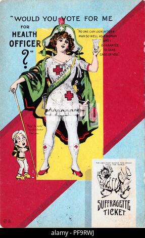 Farbe Postkarte, zeigt eine schöne Frau, die sich ein Health Officer, Untertitel 'würden Sie für mich Stimmen für Health Officer", was darauf hindeutet, dass das Wahlrecht für Frauen über die traditionell männliche Arbeitsplätze, für den amerikanischen Markt, 1900 veröffentlicht. () Stockfoto