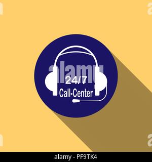 Kopfhörer mit Mikrofon auf runden Knopf und 24/7 call center Schriftzug, lange Schatten Stock Vektor