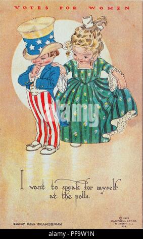 Farbe Postkarte, zeigt ein kleines Mädchen, ein kleiner Junge, gekleidet in der Gestalt von Uncle Sam "Ich möchte mich bei den Abstimmungen zu reden", illustriert von Emily Halle Chamberlin, für die Nationale amerikanische Frau Wahlrecht Association und in Elizabeth, NJ veröffentlicht, von Campbell Kunst Firma, für den amerikanischen Markt, 1915. () Stockfoto