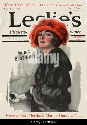 Farbe Magazin, zeigt eine junge SUFFRAGETTE, das Tragen eines Red Hat, rechtlich eine Wahlkabine zum ersten Mal eingeben, die für den amerikanischen Markt von Leslie illustrierte Wochenzeitung, vom 11. September 1920 veröffentlicht. () Stockfoto