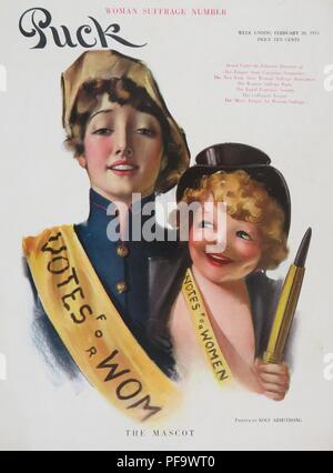 Farbe Magazin, zeigt eine junge SUFFRAGETTE mit Ihrem kleinen Kind, beide tragen Schärpen Lesung" Stimmen für Frauen", illustriert von Rolf Armstrong und Untertitel "Das Maskottchen", für den amerikanischen Markt veröffentlicht, von Puck Magazin, einen satirischen Wochenzeitung gegründet durch den deutsch-amerikanischen Joseph Kepler, datedFebruary 20, 1915. () Stockfoto