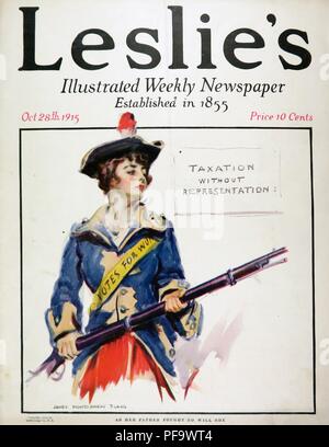 Farbe Magazin, zeigt eine junge SUFFRAGETTE, im Gewand eines amerikanischen revolutionären Soldat gekleidet, mit einer Pistole, und das Tragen einer Schärpe Lesung" Stimmen für Frauen", dargestellt von James Montgomery Flagg (berühmt für seine "Möchten Sie für die US-Armee "Uncle Sam recruiting Poster) und für den amerikanischen Markt veröffentlicht von Leslie illustrierte Wochenzeitung, vom 28. Oktober 1915. () Stockfoto