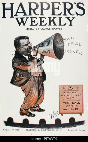 Farbe Zeitschrift, die Theodore Roosevelt Jr, dann Bull Moose Party Präsidentschaftskandidat, stehend auf einer Bühne, und schrie "Frauenwahlrecht Forever' durch ein Megaphon, seine pro-Wahlrecht Position, für den amerikanischen Markt von Harper's Weekly, 17. August 1912 veröffentlicht. () Stockfoto