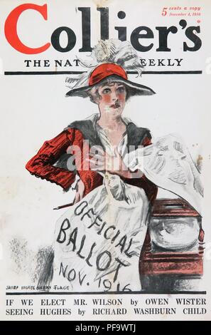 Farbe Magazin, zeigt eine junge SUFFRAGETTE umklammern ein Banner lesen "amtliche Stimmzettel, Nov 1916", dargestellt von James Montgomery Flagg (berühmt für seine 'Ich will Dich für die US-Armee "Uncle Sam recruiting Poster) und für den amerikanischen Markt veröffentlicht, von Collier's Magazine, November 4, 1916. () Stockfoto