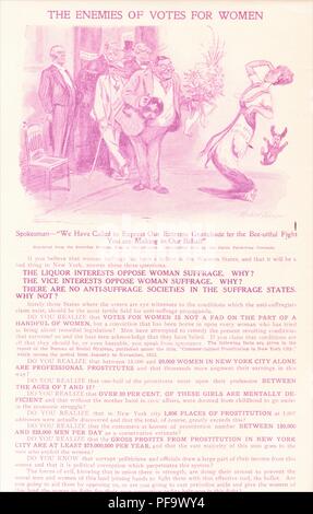 Rosa-Skala, pro-Wahlrecht, Anti-prostitution Breitseite, mit dem Titel 'Feinde der Stimmen für Frauen, mit einer Karikatur gezeichnet von Herbert Johnson, und Frauen, die das Wahlrecht abgelehnt, mit der Begründung, dass die Abstimmung erforderlich war, weißen Sklavenhändler und ihre Verstrickung von Frauen, die für den amerikanischen Markt veröffentlicht zu bekämpfen, circa 1913. () Stockfoto