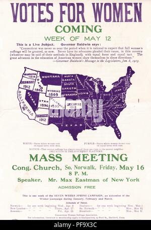 Wahlrecht Sitzungen Poster, mit einem frauenwahlrecht Karte der Vereinigten Staaten, in der Werbung den Anschein von radikalen Aktivist Max Eastman, zu einem Wahlrecht treffen in Norwalk, Connecticut, in den offiziellen Farben der Connecticut Frau Wahlrecht Association bedruckt, Lila, Grün, Weiß, und datiert von 1913. () Stockfoto