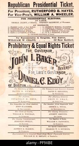 Schwarz und Weiß, Republikanischer und Massachusetts Verbot Partei Plakat listing John L Baker für Regler, und Daniel C Eddy für Lieutenant Governor, für den amerikanischen Markt gedruckt, im Jahr 1876. () Stockfoto