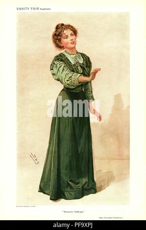 Volle Länge, chromolithograph, Illustrieren Christabel Pankhurst, Tochter von militanten Englisch suffragist Frau Emmeline Pankhurst, trug ein grünes, Edwardianischen und Suchen an der Seite, mit einer Hand, mit Untertiteln "Frauenwahlrecht", illustriert von Spy (Sir Leslie Ward) und von Vanity Fair für den britischen Markt veröffentlicht, 15. Juni 1910. () Stockfoto