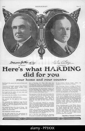 Präsidentschaftswahlkampf Werbung für die Republikanische team von Warren G Harding und Calvin Coolidge, mit schwarzen und weißen Portrait Fotos der einzelnen Bewerber, die dazu bestimmt sind, die neu zur aktivbürgerschaft weiblichen Wähler durch notieren ihre Unterstützung für die Wahlen zu appellieren, mit dem Titel 'Hier ist was Harding für Sie haben, ihr Haus und ihr Land' von Needlecraft für den amerikanischen Markt, 1920 veröffentlicht. () Stockfoto