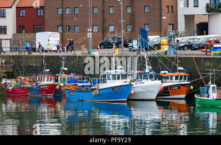 Cp; ourful Fischerboote im malerischen Hafen, Dunbar, East Lothian, Schottland, Großbritannien Stockfoto