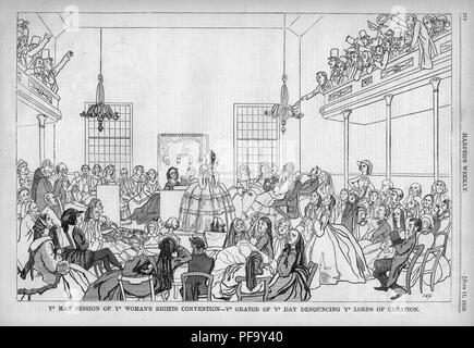 Schwarz-weiß Drucken persiflieren die Frauen 1848 Rechte Übereinkommen in Seneca Falls, New York, mit Untertiteln' Ihr Sitzung von Ihr Woman's Rights Convention - Ihr Redner von ihr Tag verurteilte ihr Herren der Schöpfung", was darauf hindeutet, dass das Wahlrecht im Gegensatz zu religiösen und Naturrecht, in Harper's Weekly für den amerikanischen Markt, 1859 veröffentlicht wird. () Stockfoto