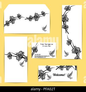 Corporate Design Vorlagen mit floralen Motiven auf gelben Hintergrund. Schwarze und weiße Orchidee Blumen und colibri Vogel. Stock Vektor