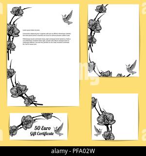 Corporate Design Vorlagen mit floralen Motiven auf gelben Hintergrund. Schwarze und weiße Orchidee Blumen und colibri Vogel. Stock Vektor