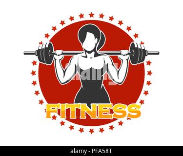 Fitnessraum oder Fitness Club Emblem. Athletische Frau Holding Barbell gegen roter Kreis mit Sternen. Vector Illustration. Stock Vektor