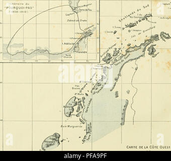 . DeuxiÃ¨me expÃ©dition antarctique Francaise (1908-1910). Natural History -- Antarktis; wissenschaftliche Expeditionen - Antarktis, Antarktis. 70 6 o Du'ItinÃ©raire POURÃUOI-PAS" (I908-I9IO) 6' * Roi G^liegen Brrdgmann. ^,. I. Clarence ich 'GB |) 1 Kinderbett Carte delÃ Cote Ouest DE L'ANTARCTIDE SUD - AMÃRICAINE I^y.-^/Â £ ry vgl.^ CARTE DES RÃGIONS RELEVÃES PARCOURUES ET PAR L'EXPÃDITION MEMBRES DE fETAT-MAJOR DU "POURQUOI-PAS? J.-B. CHARCOT M. BONGRAIN Hydrographie, Sismographie, Gravitation Terrestre. Bemerkungen astronomiques. L. Gewinnen, Zoologie (Spongiaires EchinoJermcs, Arthropodes, Oiseaux et Stockfoto